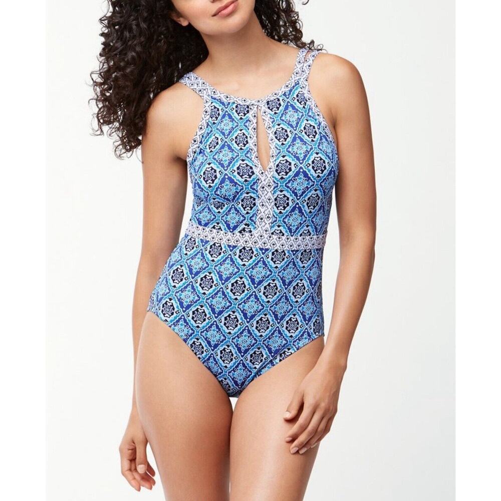 Tommy Bahama Womens Blue Tika Tiles Cutout Halter One-Piece Swimsuit Size 8